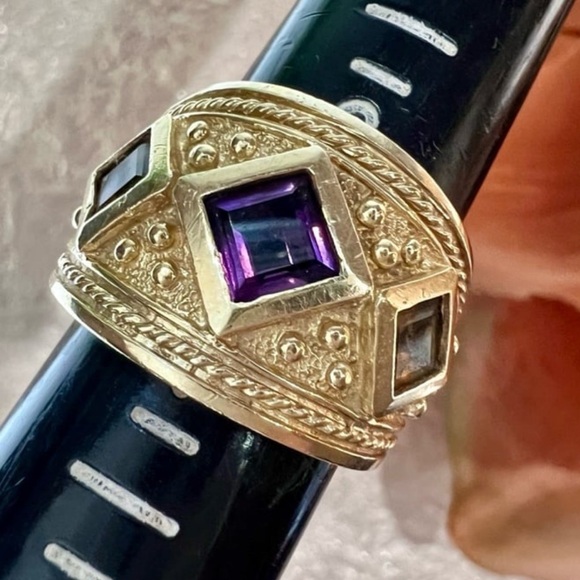 Estate Jewelry - Vintage Art Deco Ornate Solid 10K Gold Stunning Statement Ring Amethyst Citrine